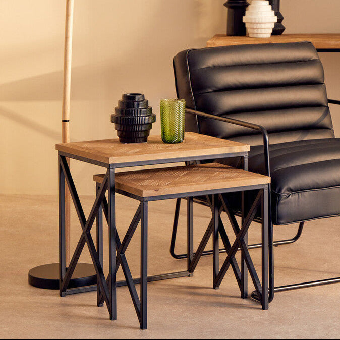 Natural Wood Parquet Set of 2 Nesting Tables