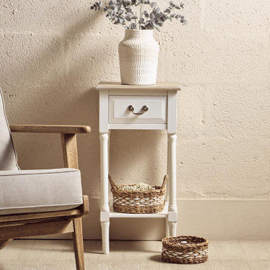 Ivory Wooden 1 Drawer Side Table with Lower Shelf