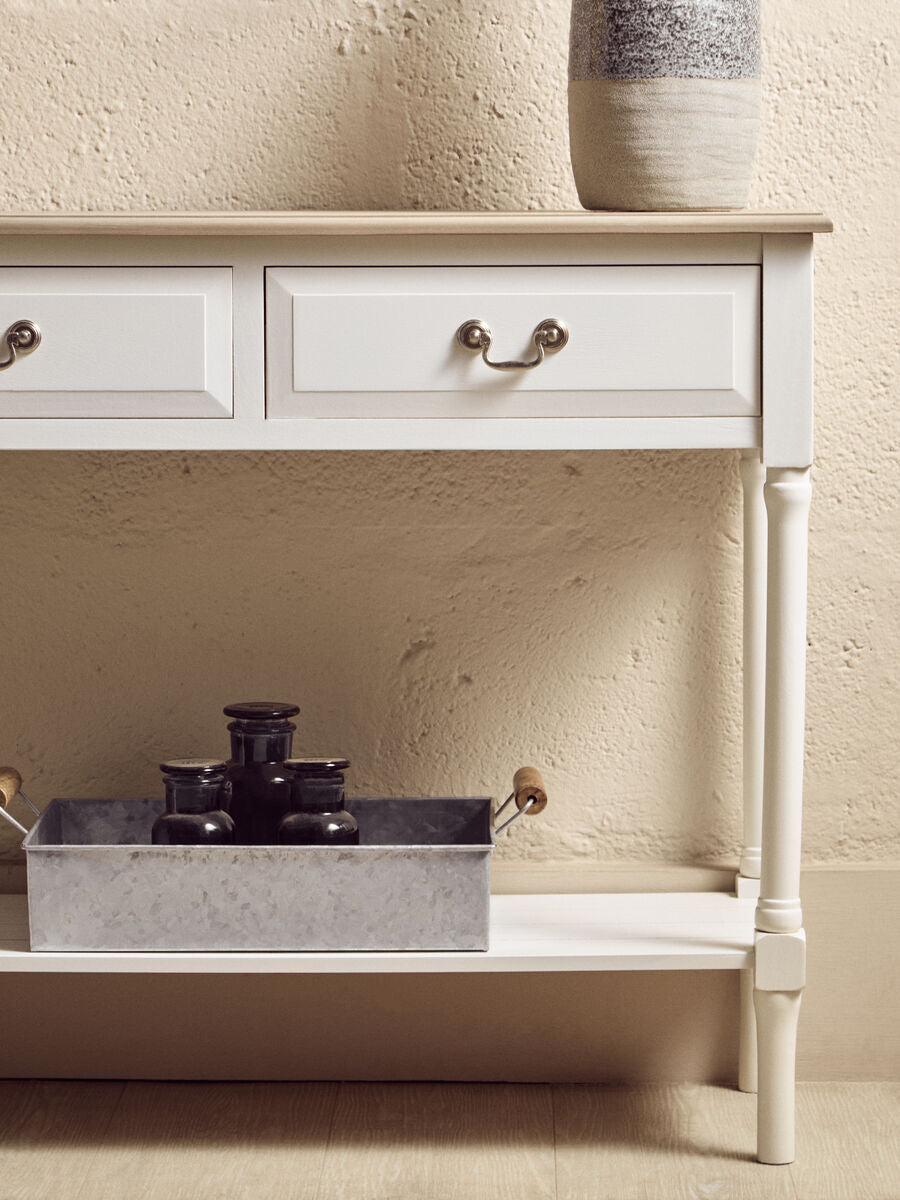 Ivory and Natural Wooden 2 Drawer Console Table with Lower Shelf