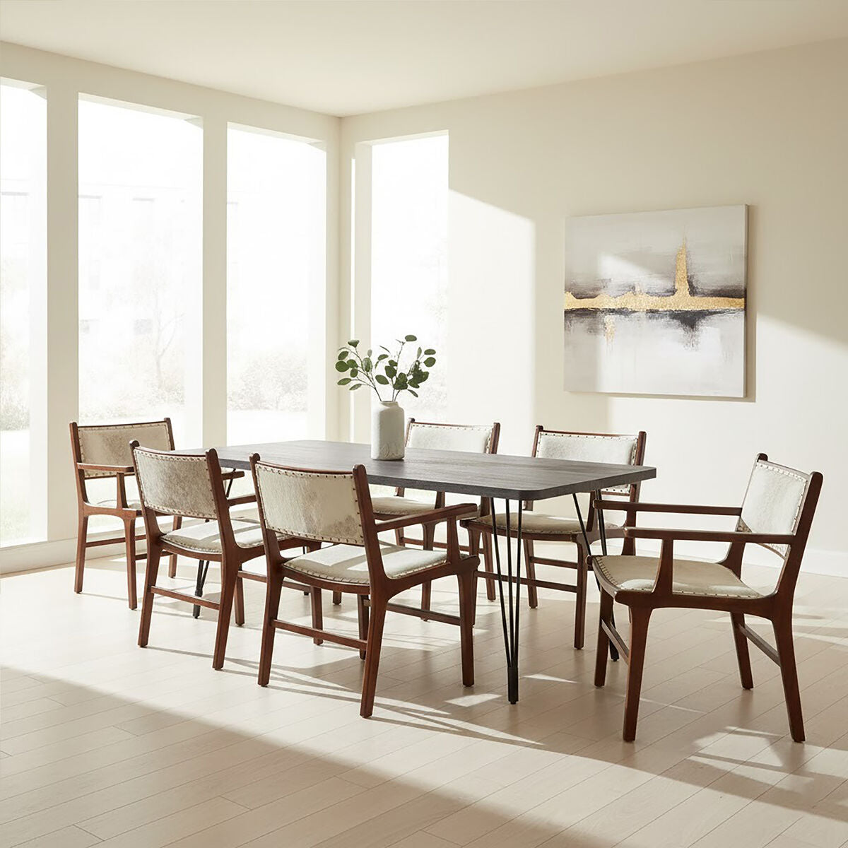 Dark Grey Veneer Dining Table with Metal Base