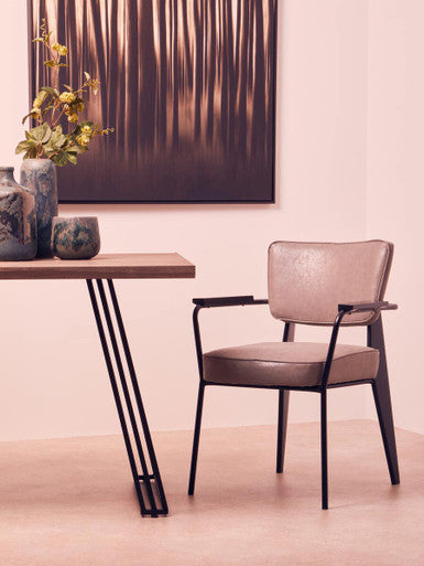 Brown Veneer Rectangular Dining Table with Black Metal Base