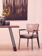 Brown Veneer Rectangular Dining Table with Black Metal Base
