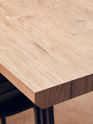 Brown Veneer Rectangular Dining Table with Black Metal Base