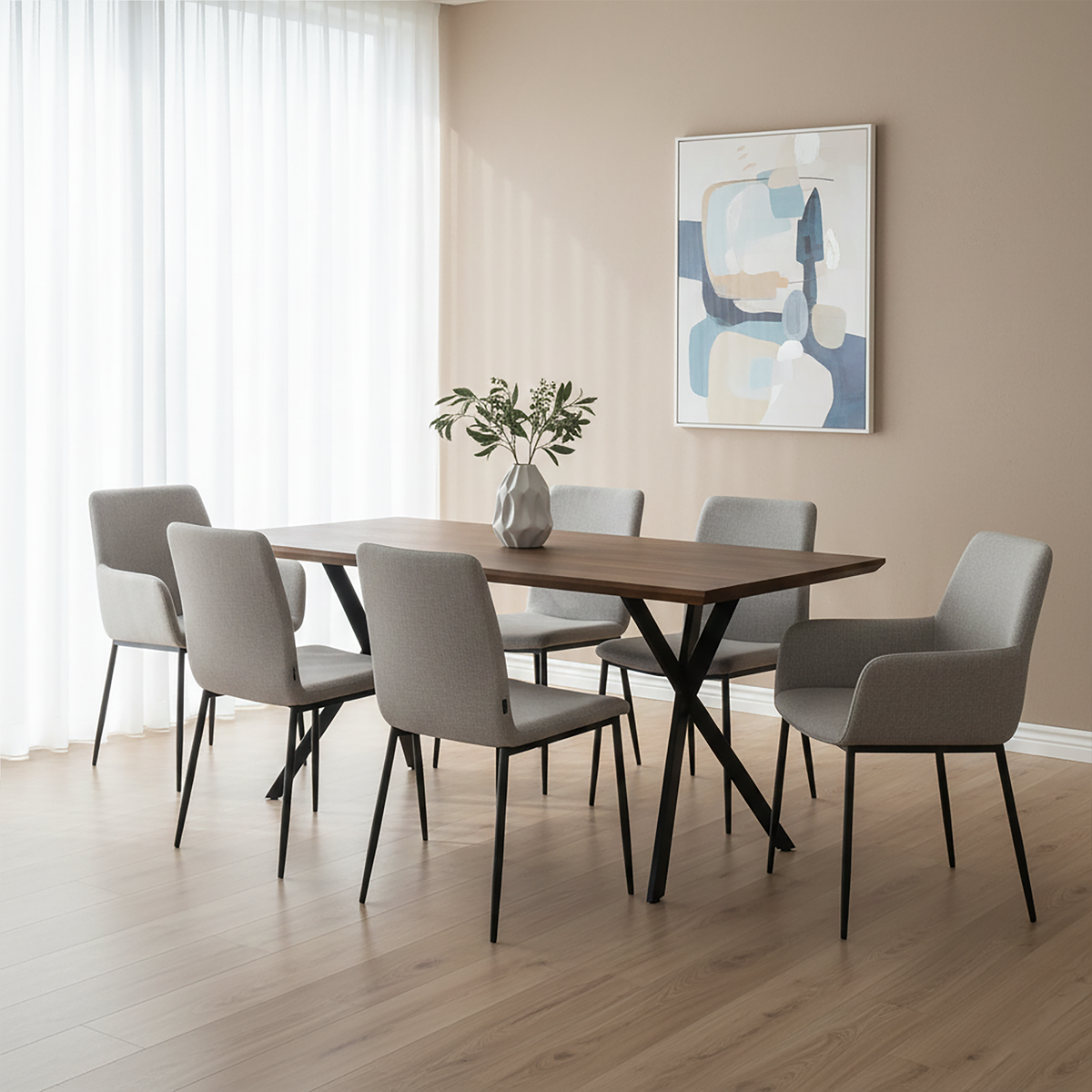 Brown Wood Veneer Finish Rectangular Dining Table