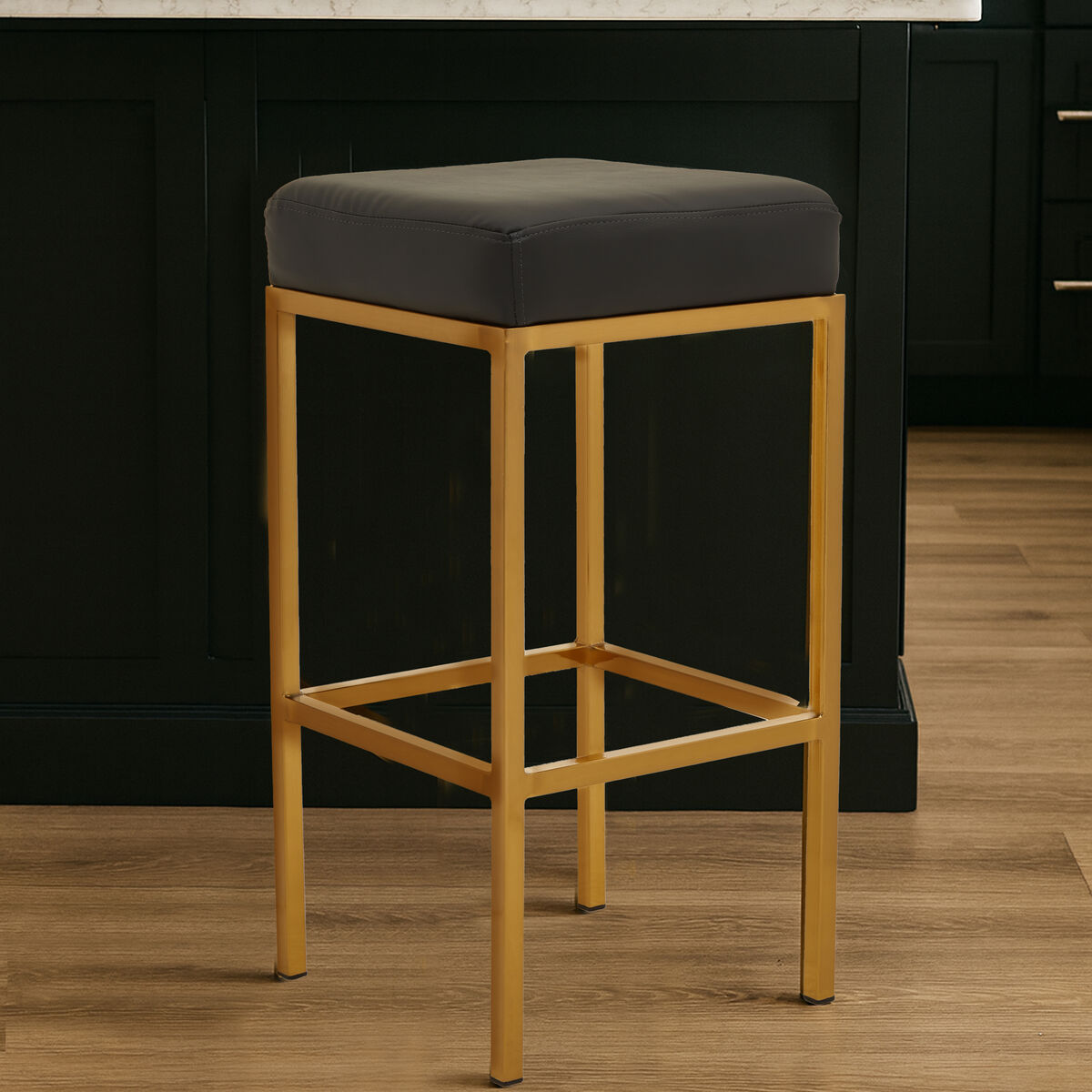 Black Leather Effect Bar Stool with Square Gold Finish Base