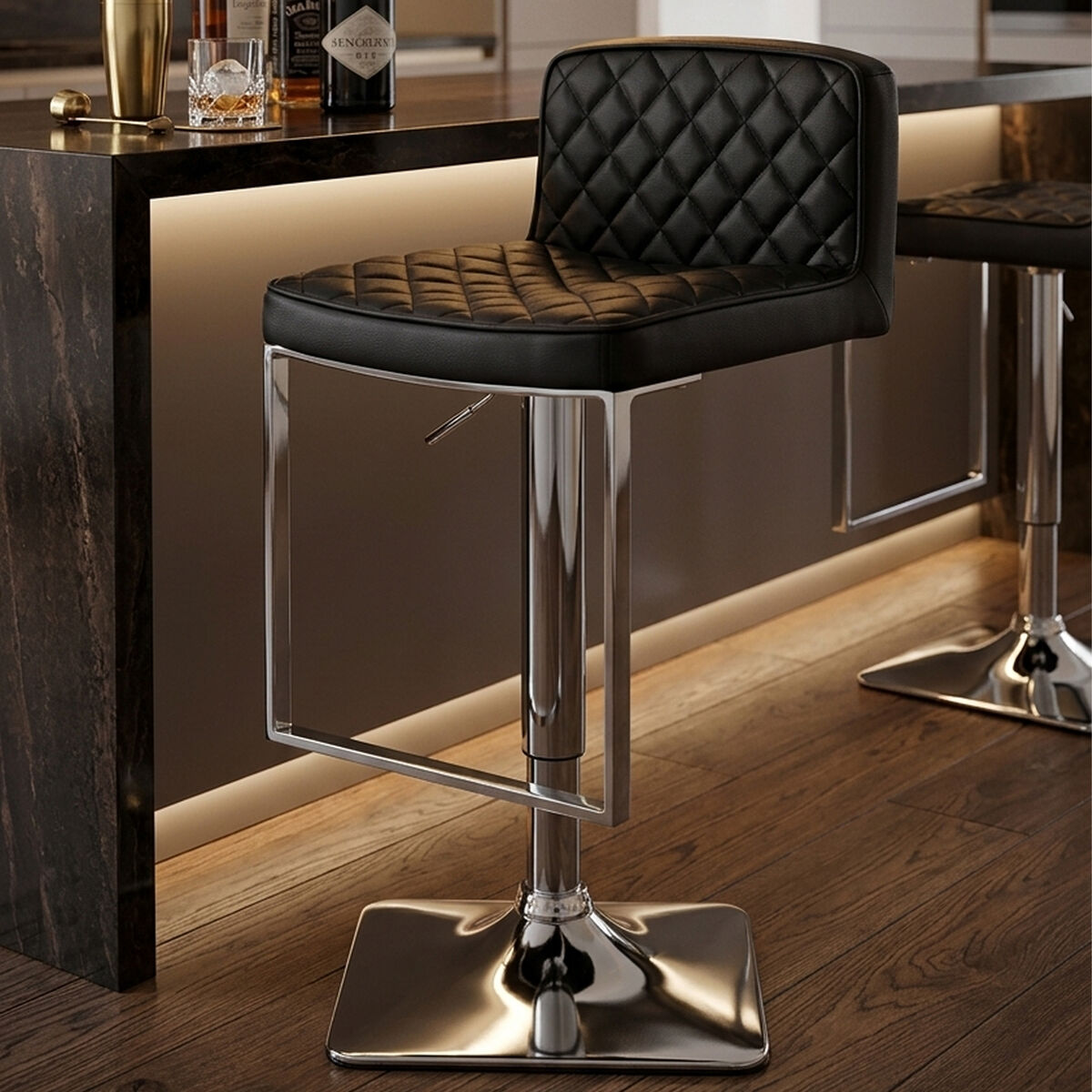 Black Leather Effect Adjustable Bar Chair with Chrome Finish Base