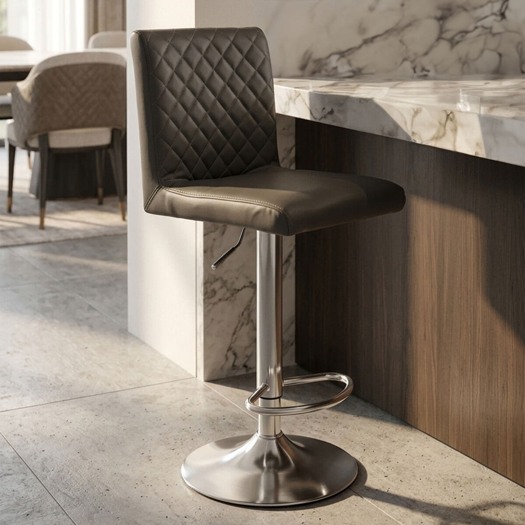 Dark Grey Leather Effect Adjustable Bar Chair with Chrome Round Base