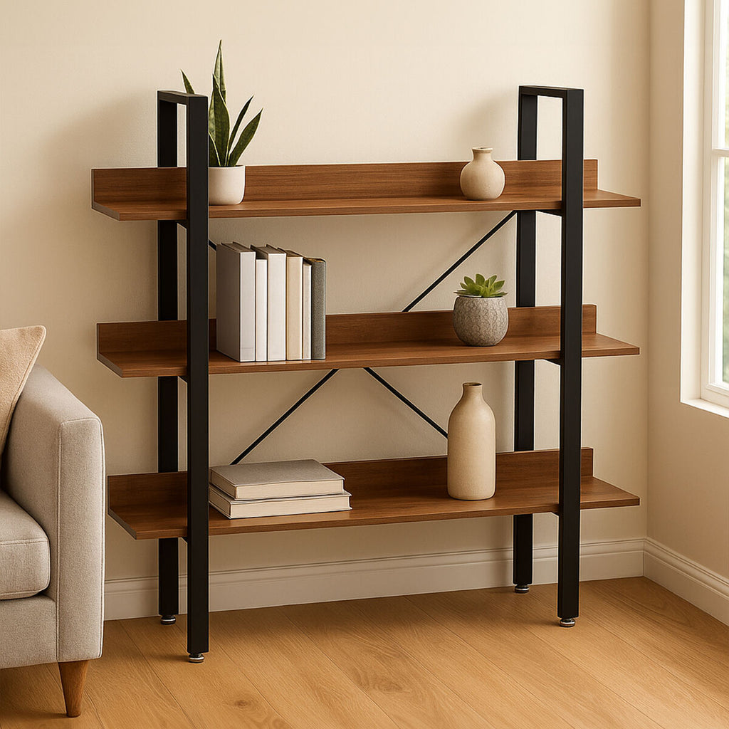 Wood Effect 3 Tier Large Shelf Unit with Black Finish Frame