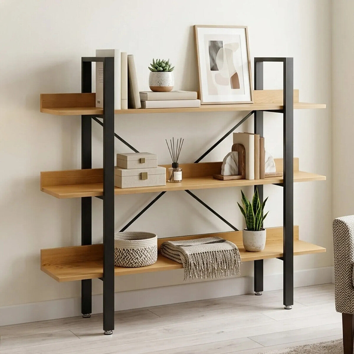 Light Oak Effect 3 Tier Large Shelf Unit with Black Finish Frame
