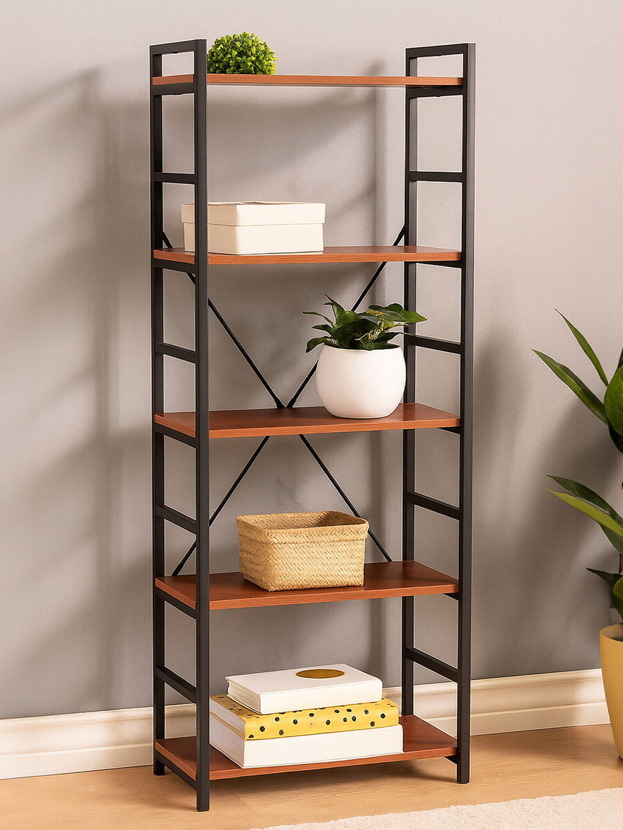 Wood Effect 5 Tier Small Shelf Unit with Black Finish Frame