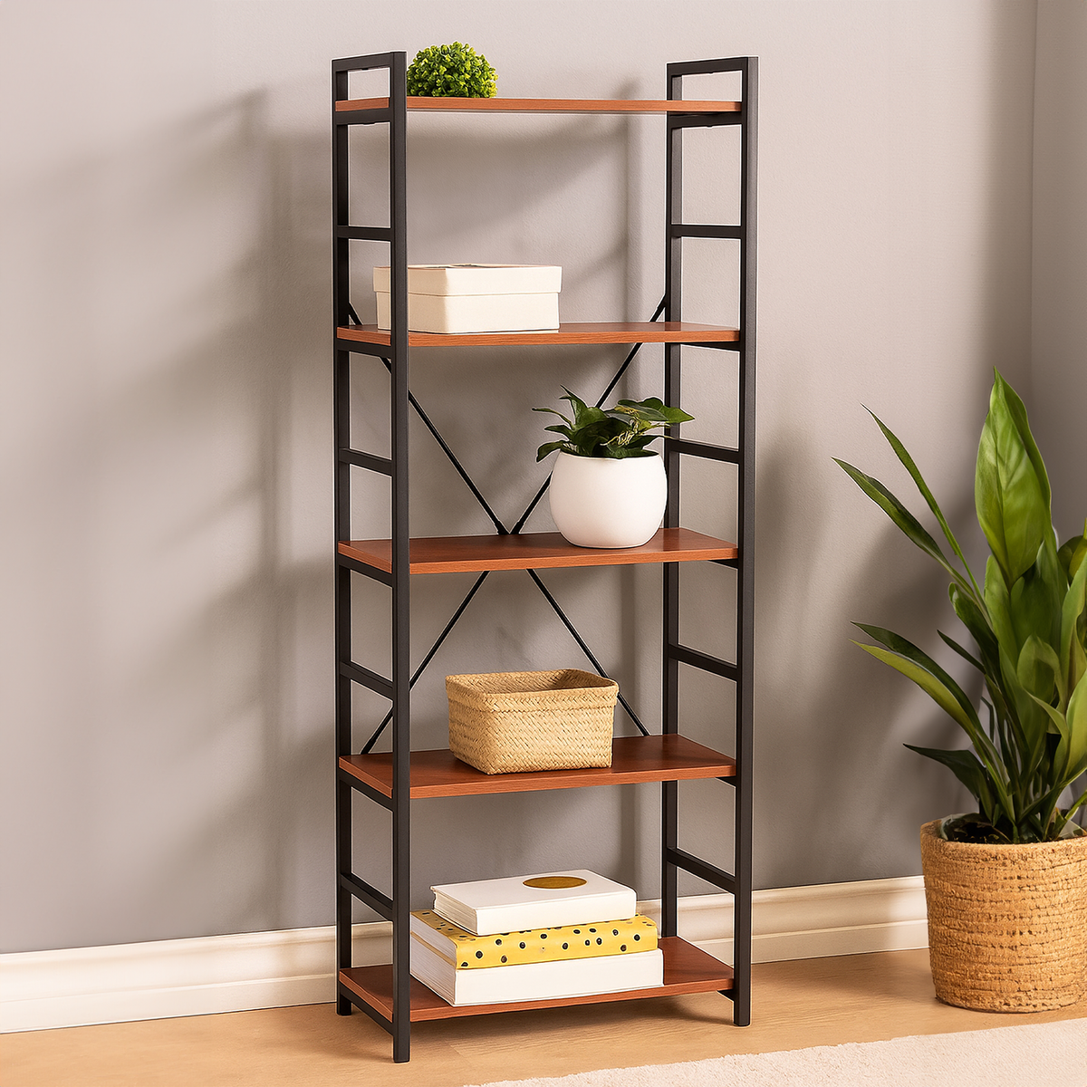 Wood Effect 5 Tier Small Shelf Unit with Black Finish Frame