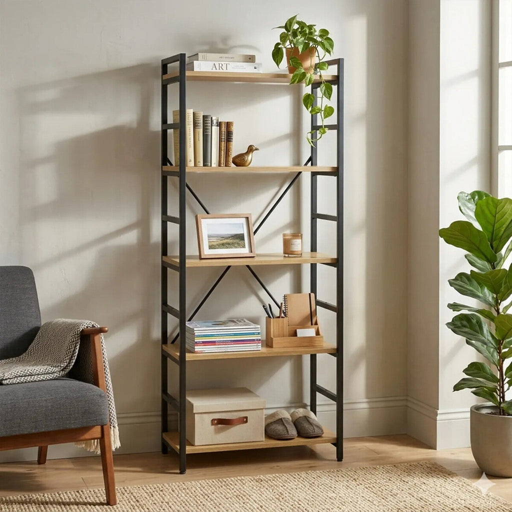 Light Oak Effect 5 Tier Small Shelf Unit with Black Finish Frame