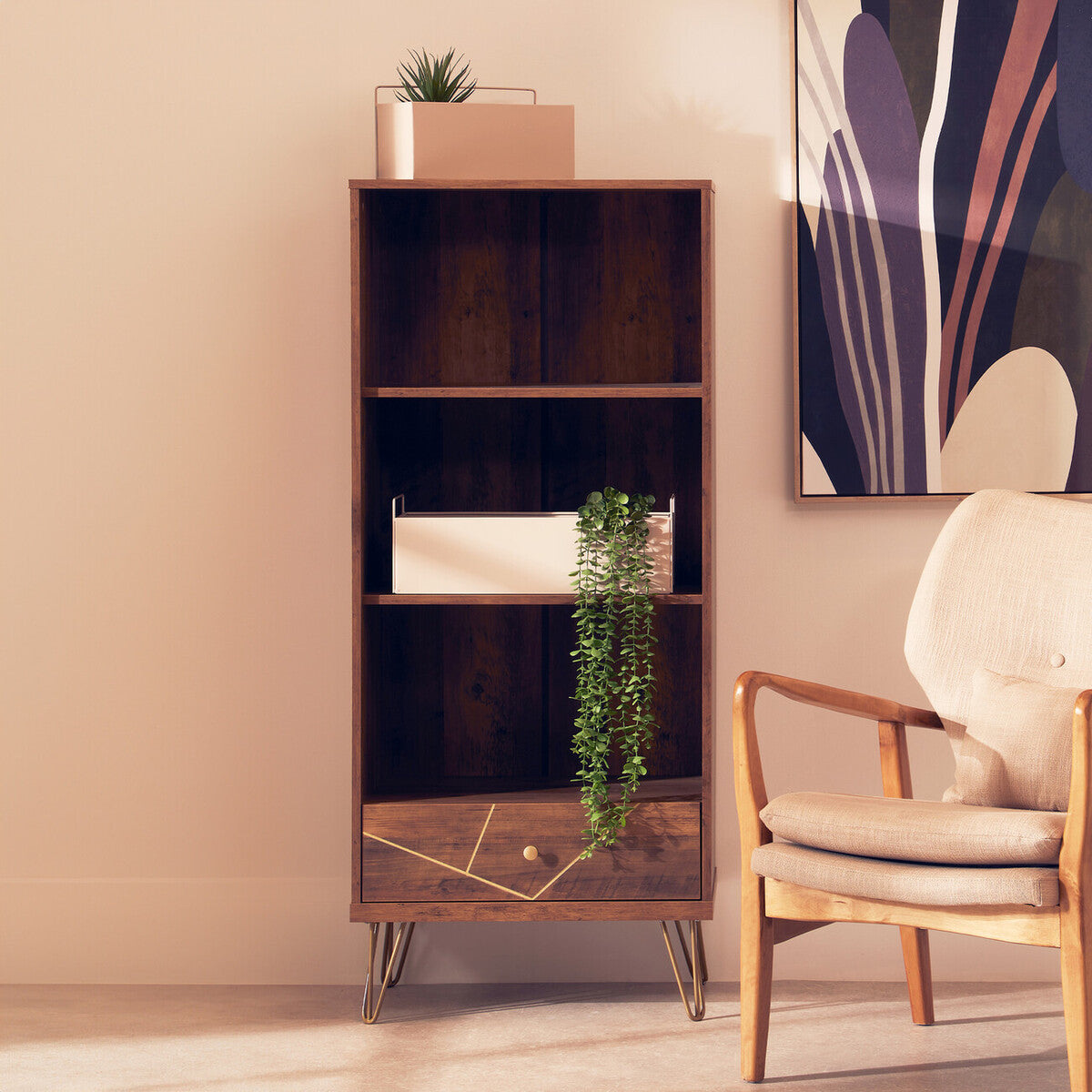 Wood Effect 3 Tier Shelf Unit with Drawer