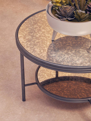 Antique Mirrored Glass 2 Tier Round Coffee Table