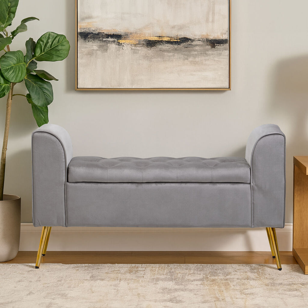 Grey Velvet Ottoman Storage Bench