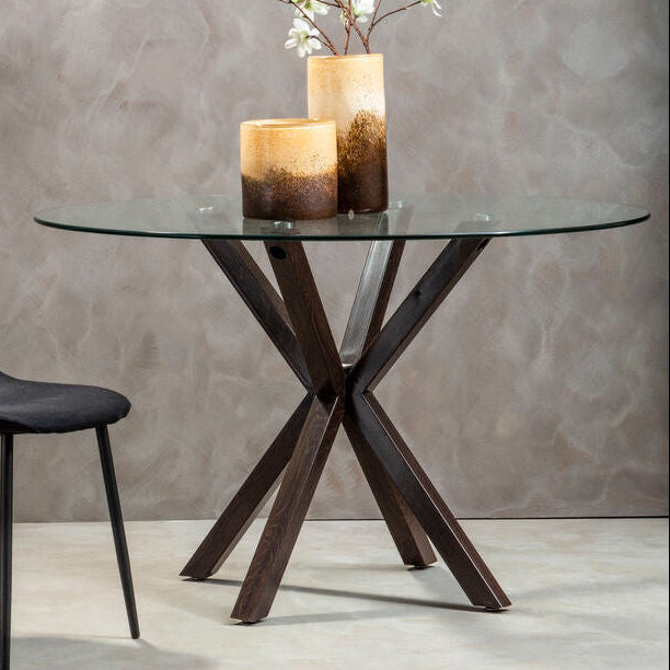 Clear Glass Top Round Dining Table with Black Wood Effect Metal Legs