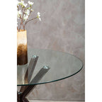 Clear Glass Top Round Dining Table with Black Wood Effect Metal Legs