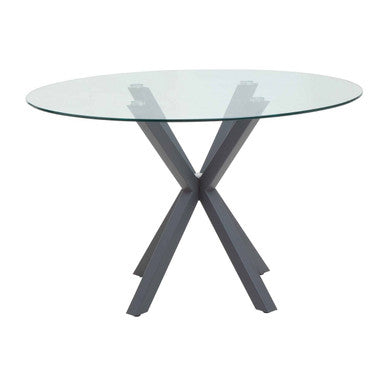 Clear Glass Top Round Dining Table with Grey Metal Legs
