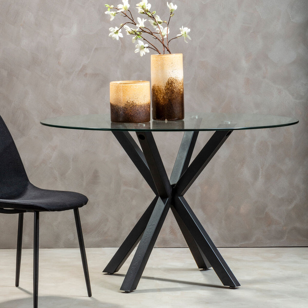 Clear Glass Top Round Dining Table with Black Metal Legs