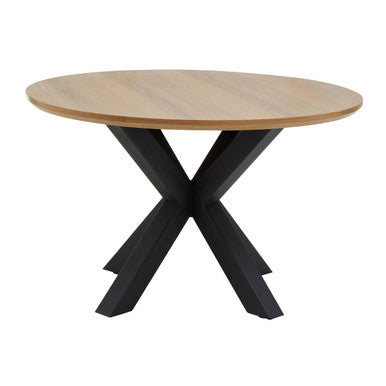 Natural Wood Veneer Top Round Dining Table with Black Metal Legs