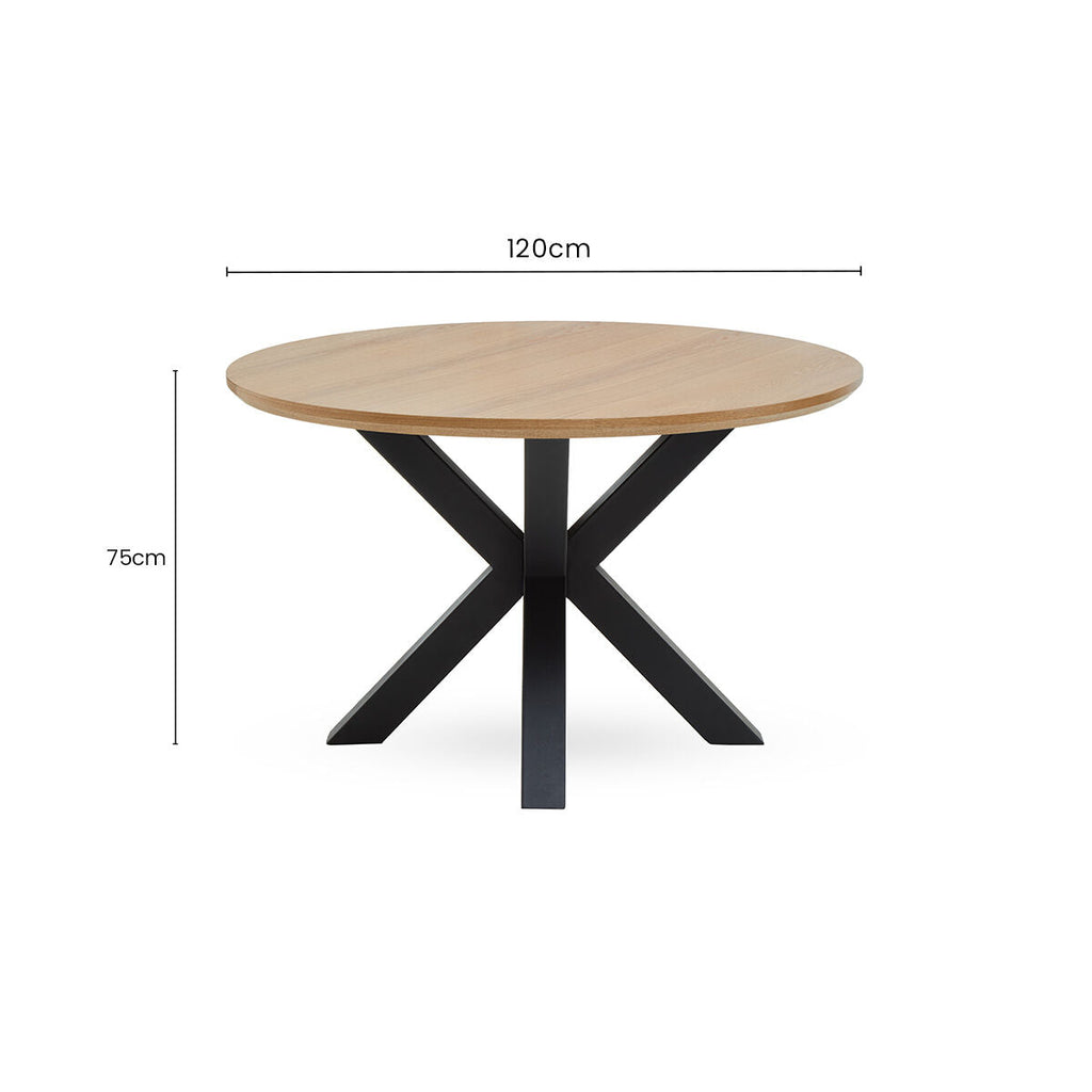 Natural Wood Veneer Top Round Dining Table with Black Metal Legs