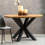 Natural Wood Veneer Top Round Dining Table with Black Metal Legs
