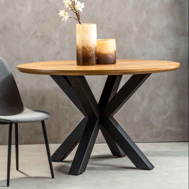 Natural Wood Veneer Top Round Dining Table with Black Metal Legs