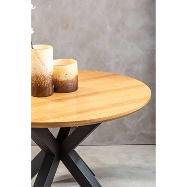 Natural Wood Veneer Top Round Dining Table with Black Metal Legs