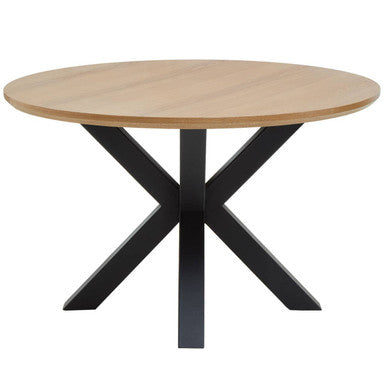 Natural Wood Veneer Top Round Dining Table with Black Metal Legs