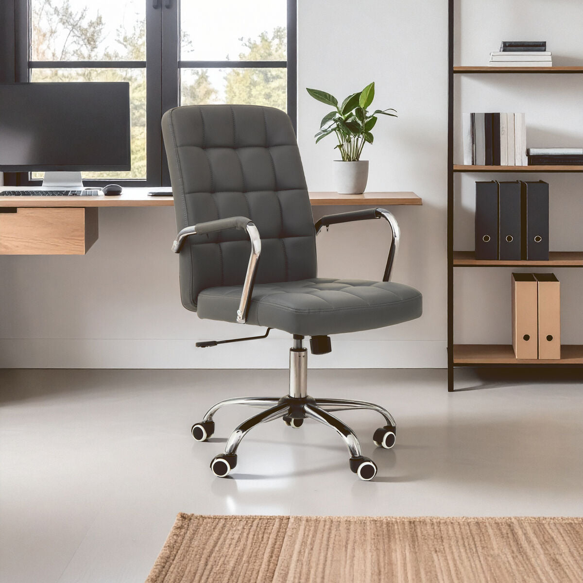 Grey Leather Effect and Chrome Home Office Chair
