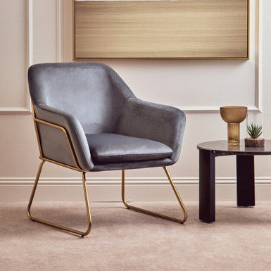 Grey Velvet Accent Chair with Gold Finish Base