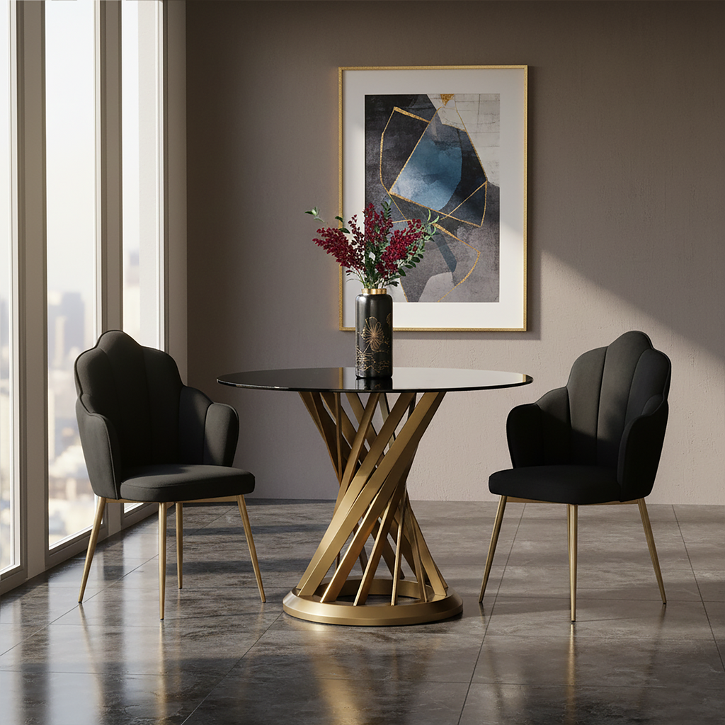 Black Velvet Dining Chair with Scalloped Back