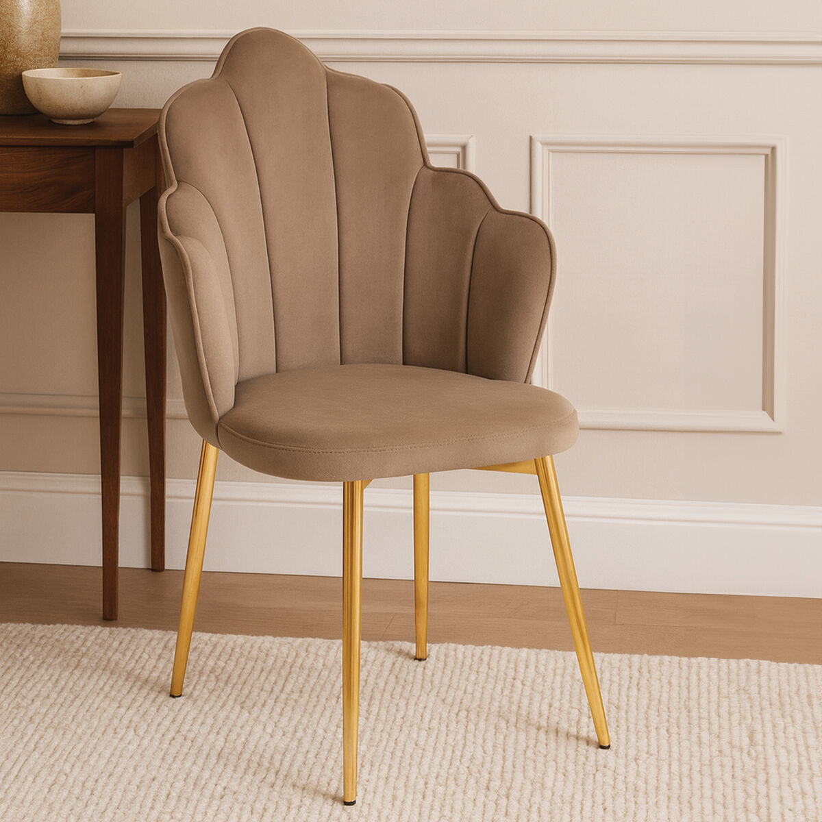 Scalloped Mink Velvet Chair with Gold Legs