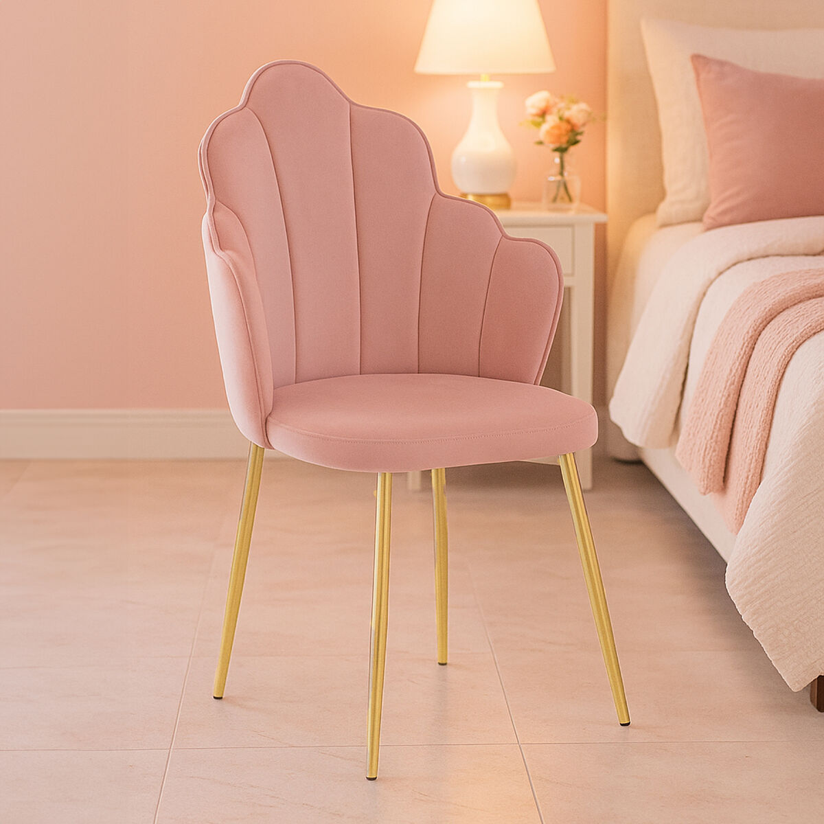 Pink Velvet Dining Chair with Gold Metal Legs