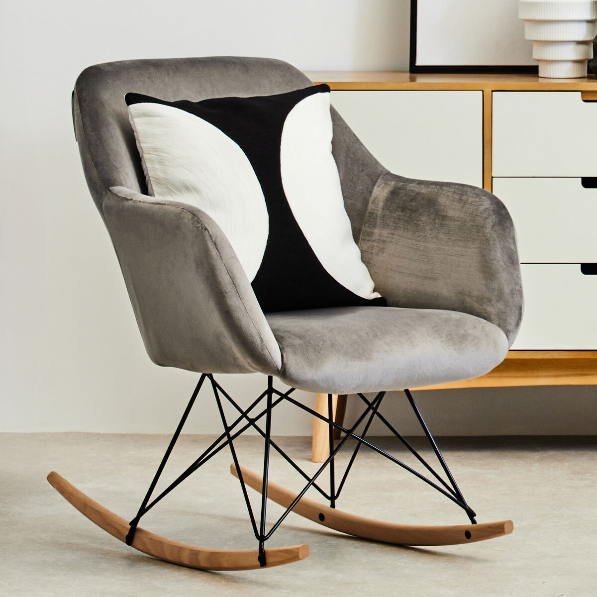Small Grey Velvet Rocking Chair