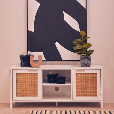 White Finish and Natural Rattan Media Unit