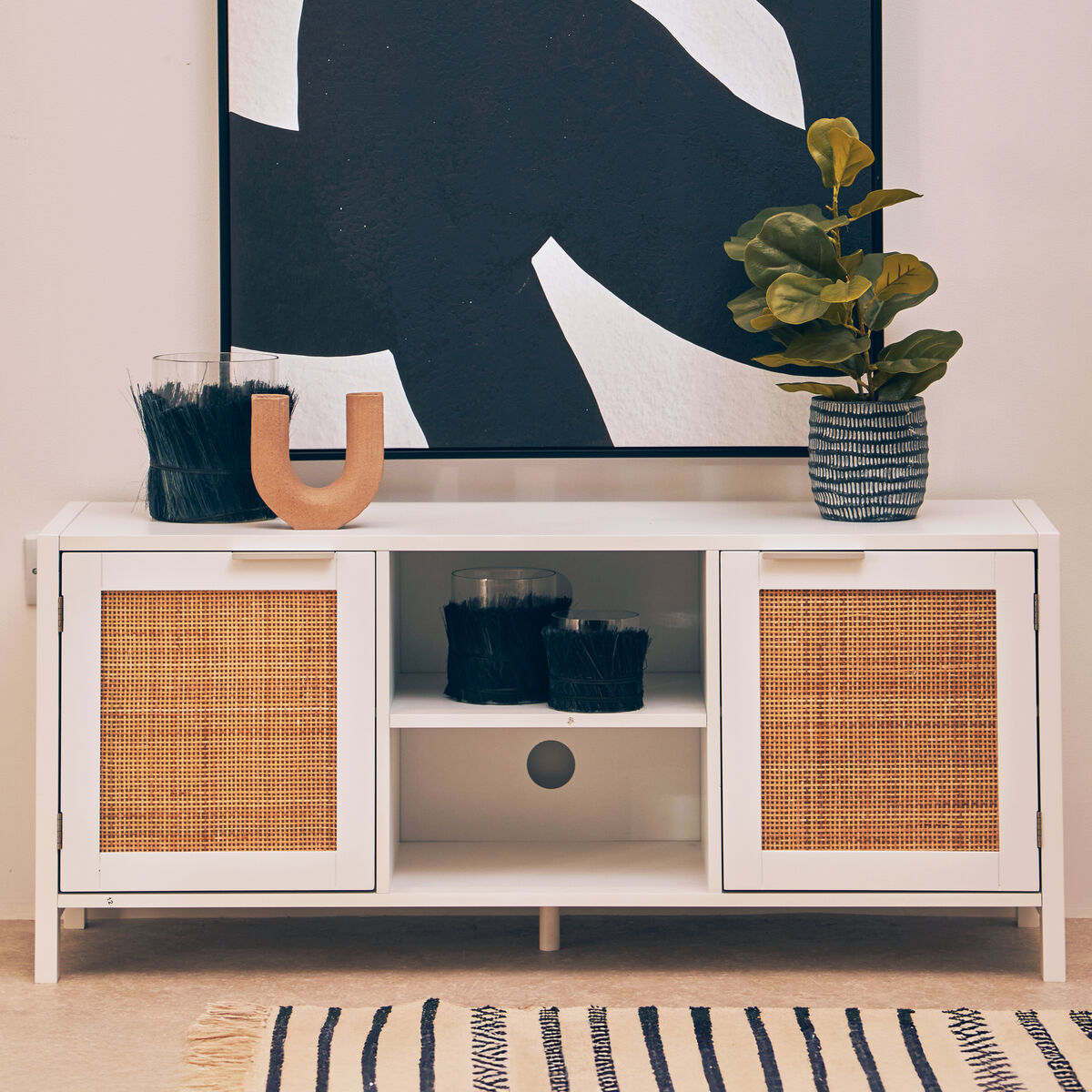 White Finish and Natural Rattan Media Unit