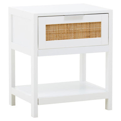 White Finish and Natural Rattan 1 Drawer Side Table