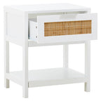 White Finish and Natural Rattan 1 Drawer Side Table
