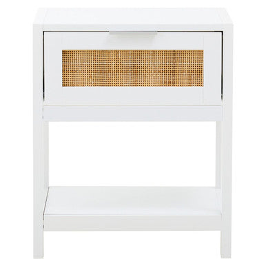 White Finish and Natural Rattan 1 Drawer Side Table