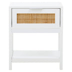 White Finish and Natural Rattan 1 Drawer Side Table