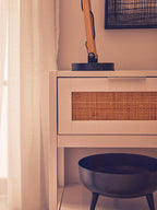 White Finish and Natural Rattan 1 Drawer Side Table