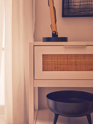 White Finish and Natural Rattan 1 Drawer Side Table