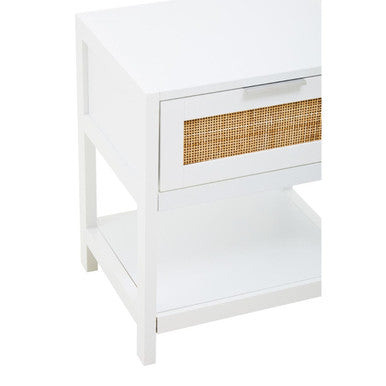White Finish and Natural Rattan 1 Drawer Side Table