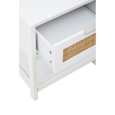 White Finish and Natural Rattan 1 Drawer Side Table