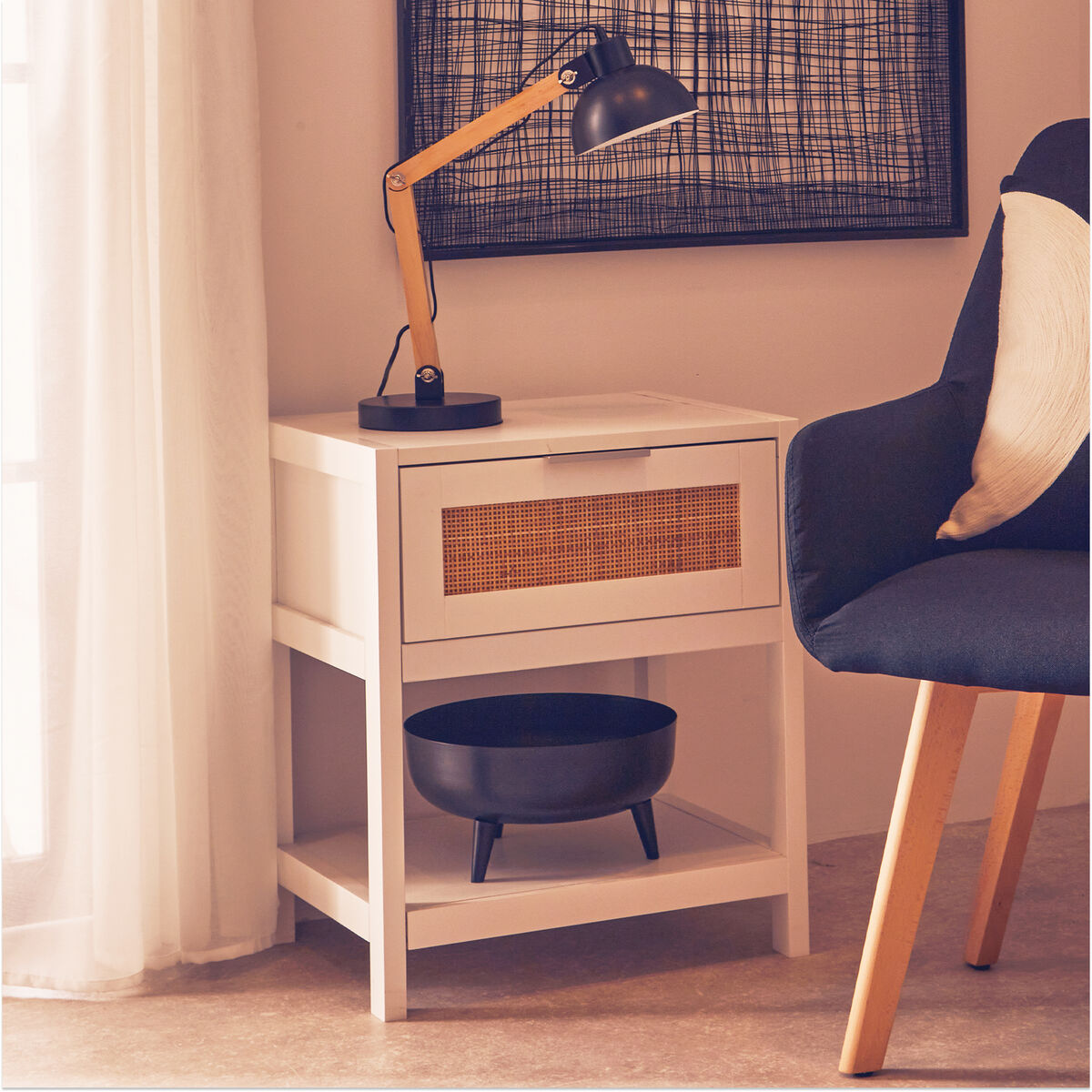 White Finish and Natural Rattan 1 Drawer Side Table