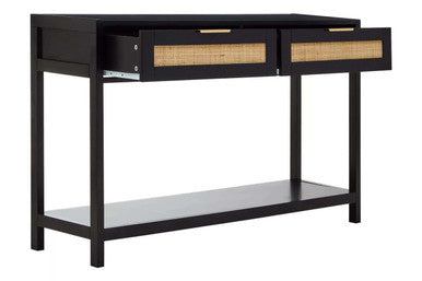 Black Wooden 2-Drawer Console Table with Natural Rattan Panels and Lower Shelf