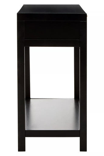 Black Wooden 2-Drawer Console Table with Natural Rattan Panels and Lower Shelf