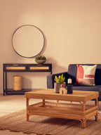 Black Wooden 2-Drawer Console Table with Natural Rattan Panels and Lower Shelf