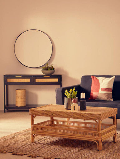 Black Wooden 2-Drawer Console Table with Natural Rattan Panels and Lower Shelf